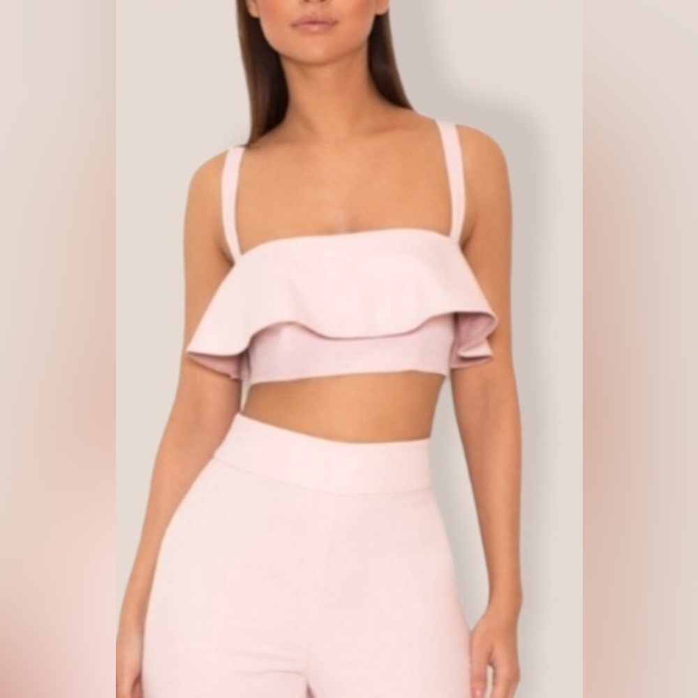 House of CB Light Pink Ruffle Tank Top and high waist pant set